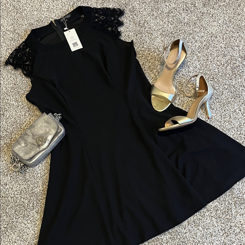 NWT Black Midi Dress with Lace Cap Sleeves - Elegant Evening Midi